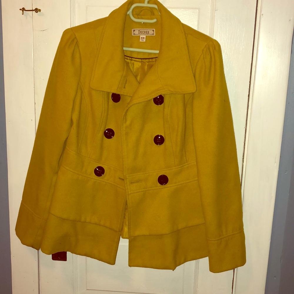 Mustard yellow pea coat with black buttons